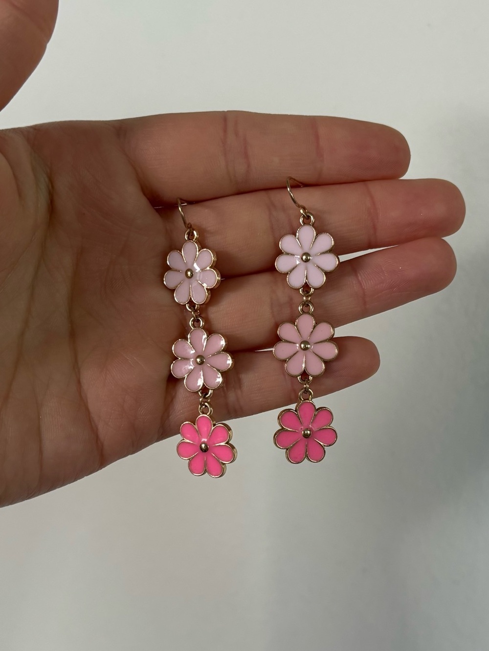 Pink Flower Dangle Earrings - Floral Triple Drop